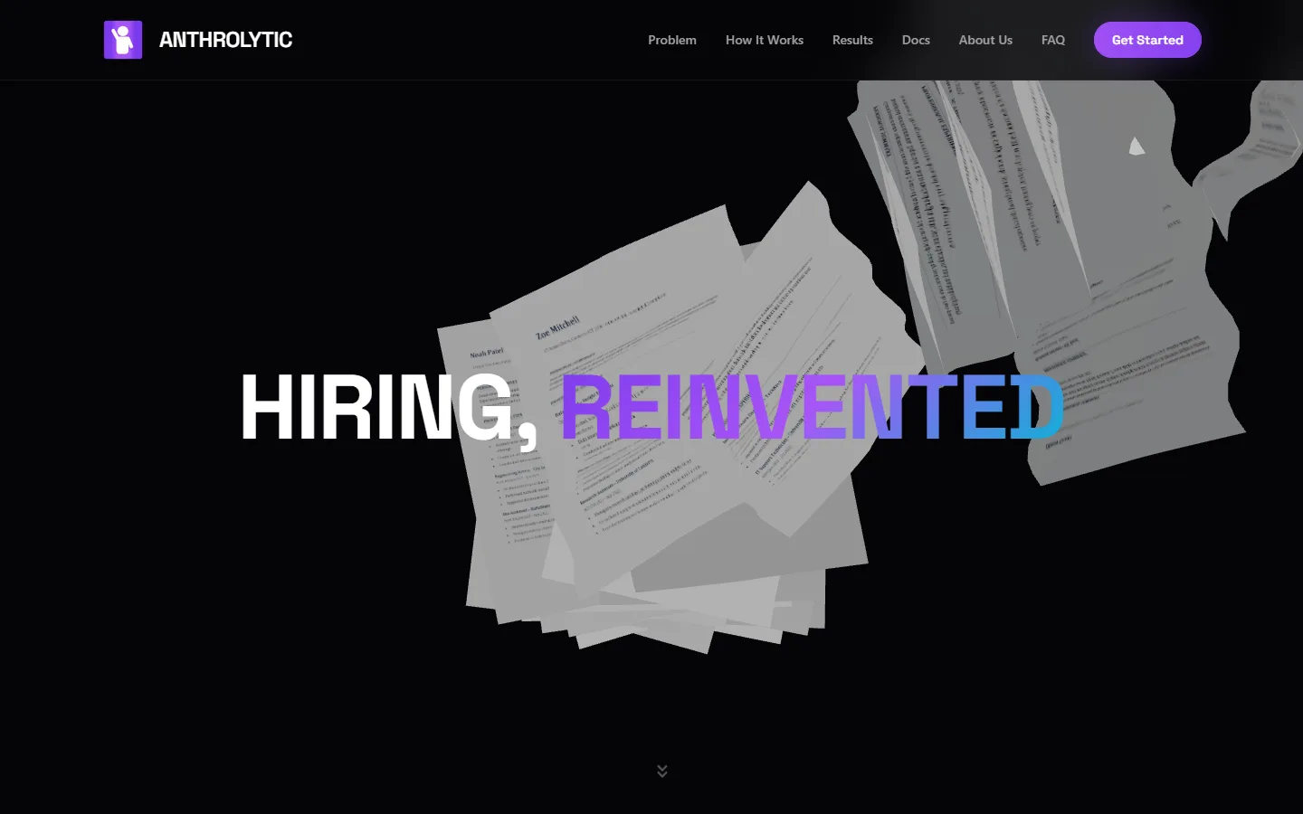 The earlier Anthrolytic site in dark mode: “Hiring, reinvented” over a 3D stack of papers on black.