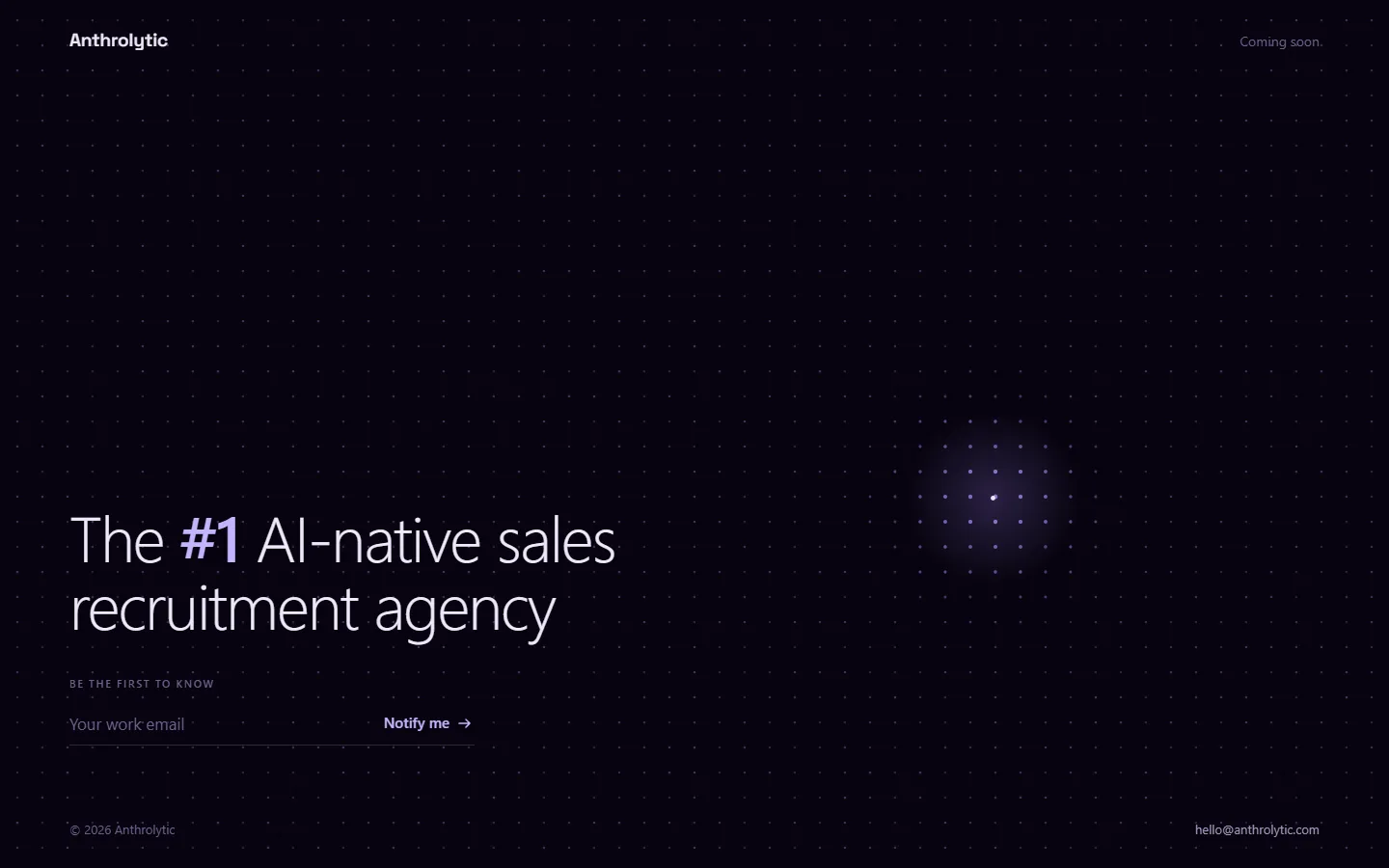 The dark waitlist page: a dot field with a roaming agent and an email field.