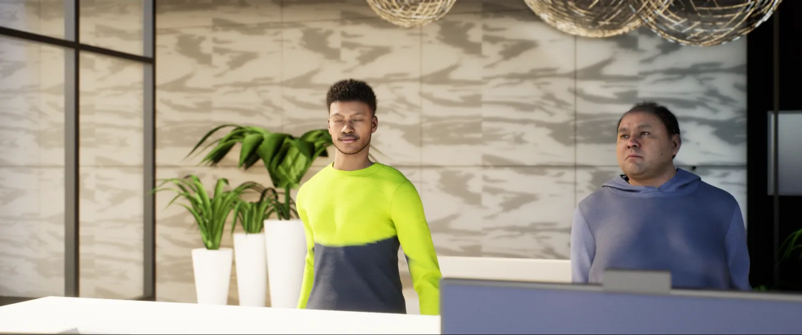 A frame from the lobby film: two MetaHuman characters in a residential lobby, one in a two-tone hi-vis shirt, with shallow depth of field.