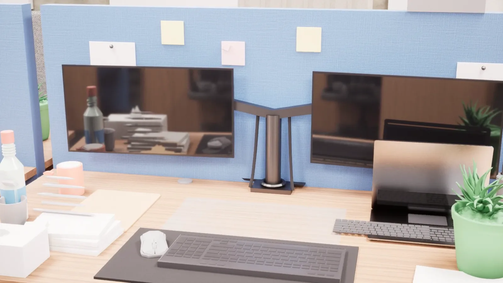 A rendered office workstation with two monitors on a desk.