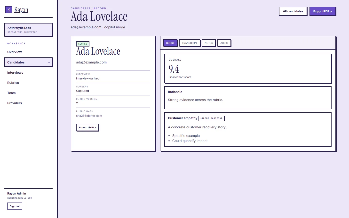 Rayon dashboard showing a candidate's record with tabs for score, transcript, notes and audio, and a rationale for each scored metric.
