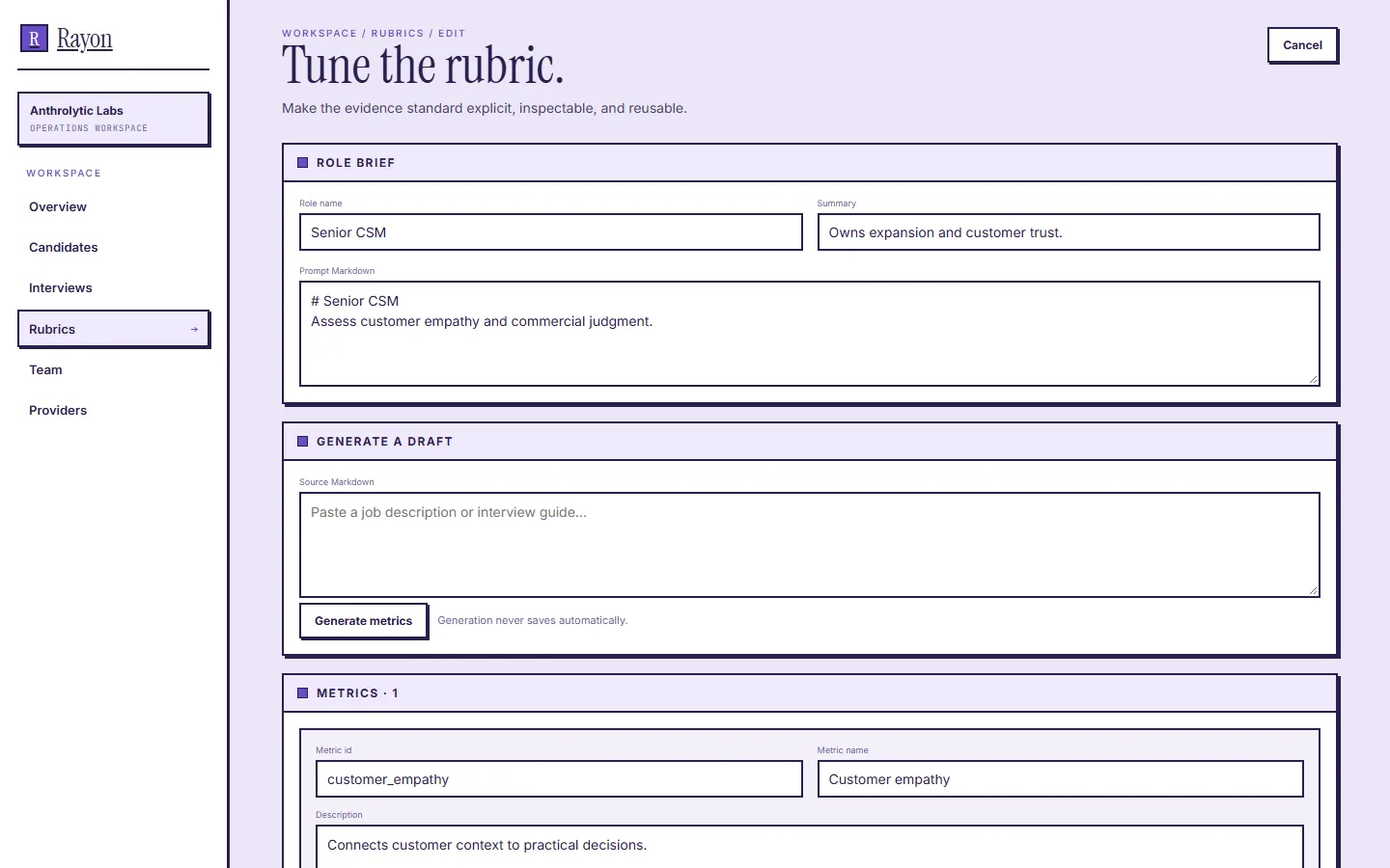 Rayon rubric editor with a role brief, a button to generate a draft, and the list of metrics.